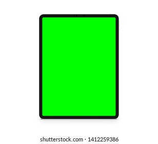 New version of premium tablet in trendy thin frame design. green screen. Isolated white background - image