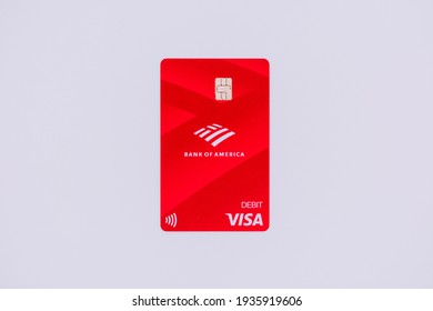 A New Vertical Bank Of America Contactless Debit Card. Unembossed Visa Debit Card With A Portrait Orientation - San Jose, California, USA - 2021