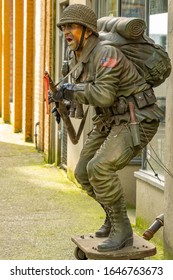 New Westminster, BC, Canada-February 11, 2020: Full Battle Geared WW2 US Soldier Mannequin On Attack Mode