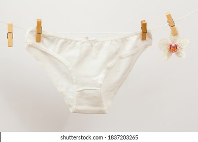 New white panties on a clothesline with clothespins and an orchid flower in the white background. Woman underwear.