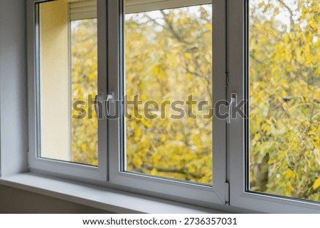 New window with a white plastic frame in a living space shows a view of trees with yellow leaves. Natural light enters the room, highlighting the comfortable space during fall. Empty windowsill.