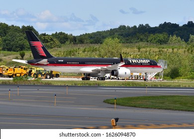 NEW WINDSOR, NY - AUGUST 24, 2019: Trump Force One. The Trump Organization Corporate Jet Is Seen Parked In Stewart Airport Tail Number N757AF.