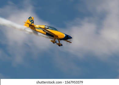 NEW WINDSOR NY - SEPTEMBER 15 2018: Matt Chapman in the Embry-Riddle Extra 300  perform at the Stewart International Airport during the New York Airshow.