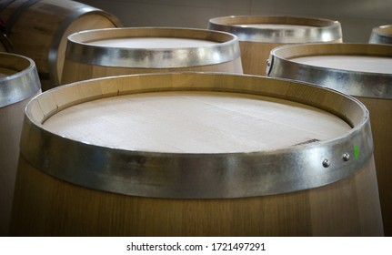 New wine barrels in a warehouse