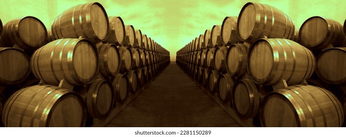 new Wine or cognac barrels in the cellar of the winery, Wooden vine barrels in perspective. vine vaults. vintage oak barrels of craft beer or brandy. - Shutterstock ID 2281150289