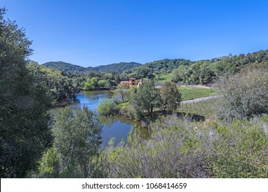 New Winery On A Lake In The Scenic Hills Of The California Central Coast Where Vineyards Grow A Variety Of Fine Grapes For Wine Production, Near Paso Robles, CA. Scenic Highway 46.