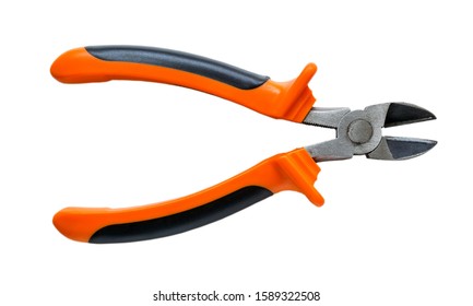 New wire cutters with orange black rubber handles isolated on white background. Electrician tool for repair and construction. Top view.