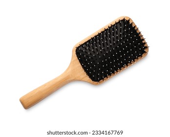 New wooden hair brush isolated on white, top view