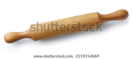 new wooden rolling pin isolated on white background, top view