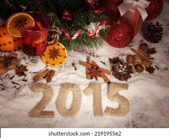 New year 2015 with snow and Christmas food - Shutterstock ID 219195562
