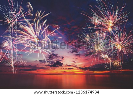 New year 2019 concept, Firework with sky and beach at sunset