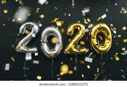 New Year 2020 Celebration. Silver And Gold Foil Balloons Numeral 2020 And Confetti On Black Background