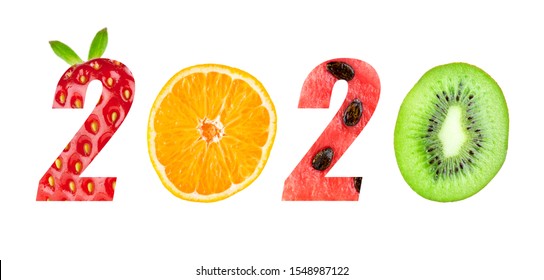 New Year 2020 Made Of Fruits On The White Background. Healthy Food