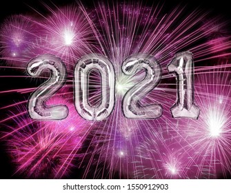 New Year 2021 Silver Balloons With Fireworks Background