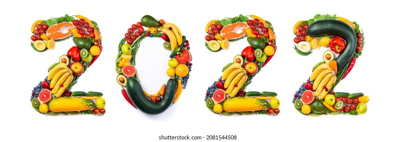 New year 2022 food trends. New Year 2022 made of vegetables, fruits and fish on white background. Number 2022 healthy food. 2022 resolutions, trends, balanced food, sustainable, healthy food concept - Shutterstock ID 2081544508