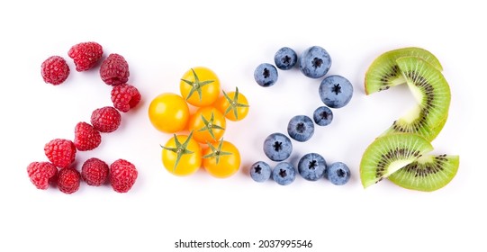 New Year 2022 Made Of Fruits On The White Background. Healthy Food