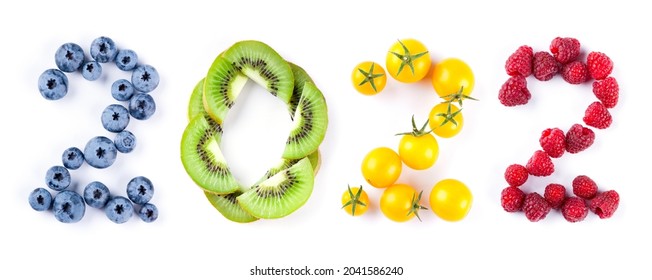 New Year 2022 Made Of Fruits On The White Background. Healthy Food