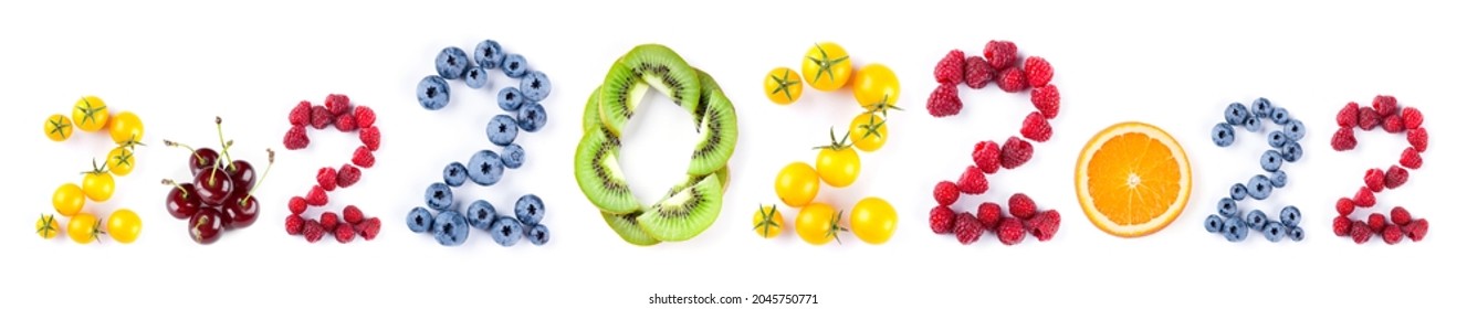 New Year 2022 Made Of Fruits On The White Background. Healthy Food