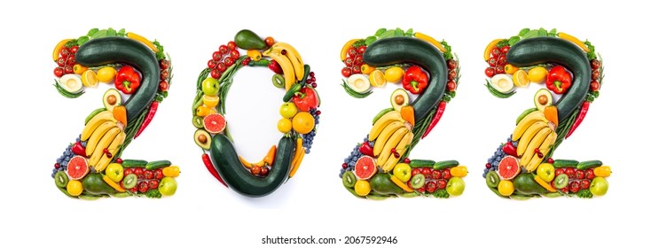 New Year 2022 made of vegetables and fruits on white background. Number 2022 made of healthy food. 2022 resolutions, trends, clean eating, healthy food concept - Shutterstock ID 2067592946
