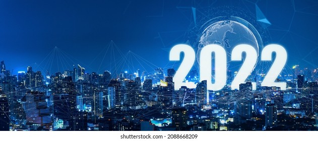 New year 2022 or start straight concept.Modern city with wireless network connection.Connection technology with city background at night,hope,new life change,business strategy,opportunity concept. - Powered by Shutterstock