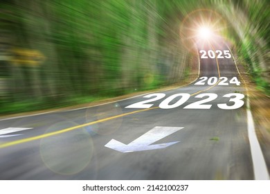 New year 2023, 2024 and 2025 on Motion blurred view of high speed road. Business challenge concept and competition idea