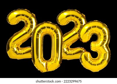 New Year 2023 celebration. Golden Yellow foil color balloons. 2023 balloons. Isolated black background. Party, greeting card, Advertising, Anniversary. - Shutterstock ID 2223299675