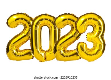 New Year 2023 celebration. Golden Yellow foil color balloons. 2023 balloons. Isolated white background. Party, greeting card, Advertising, Anniversary.