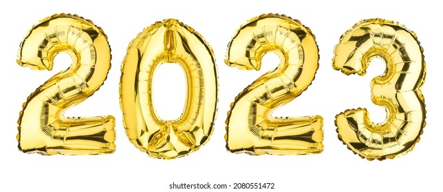 New Year 2023 Celebration. Helium Balloon. Golden Yellow Foil Color. Numbers Two 2, 3, Zero 0. Good For Party, Greeting Card, Advertising, Anniversary.  Isolated White Background