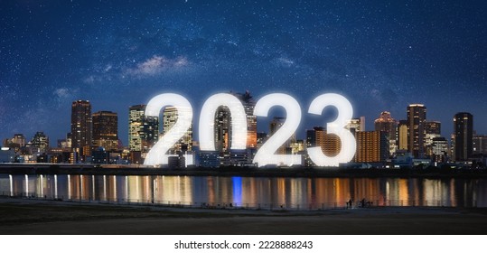 New Year 2023 in the city. Panoramic city at night with starry sky - Shutterstock ID 2228888243