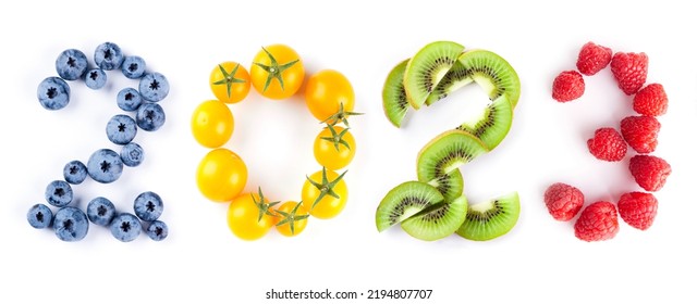 New Year 2023 Made Of Fruits On The White Background. Healthy Food