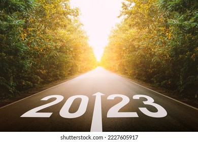 The new year 2023 or straightforward concept. Text 2023written on the road in the middle of asphalt road at sunset. planning and challenge, business strategy, opportunity, hope, and new life.
 - Shutterstock ID 2227605917