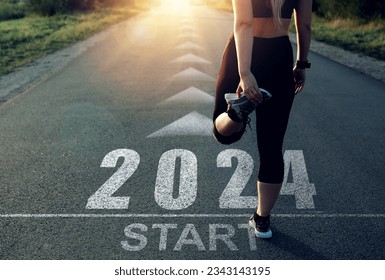  New Year 2024 with new ambitions, challenge, plans, goals and visions.Sports girl who wants to start the year 2024. Concept of new professional achievements in the new year and success.