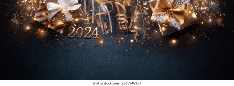 New year 2024 with bright lights,gifts and сhampagne - Shutterstock ID 2365948357