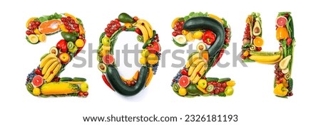 New year 2024 food trends. New Year 2024 made of vegetables, fruits and fish on white background. New years 2024 healthy food. 2024 resolutions, trends, healthy eating, sustainable, goals concept
