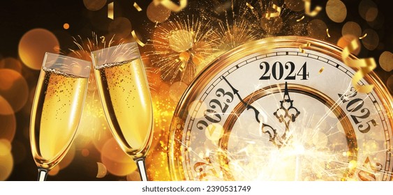New Year 2024 with gold vintage clock, champagne, confetti and fireworks, concept. New Year's Eve, creative idea