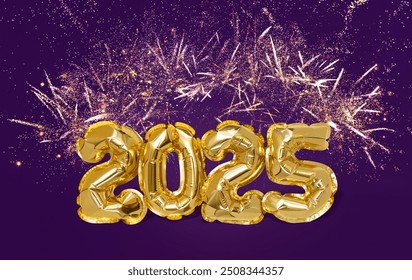 New Year 2025 celebration. Golden foil balloons in shape of numbers 2025 on purple festive background. Creative holiday template for Party, greeting card, flyer, advertising. Bright New Year banner
