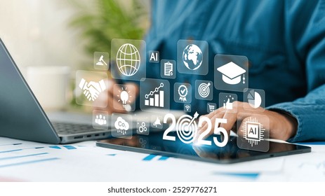 New Year 2025 Goal Action Plan. Businessman planning finance and strategy with target icons. Business plan, ai, future, teamwork. Concept of preparing for new year changes and start strategy idea.