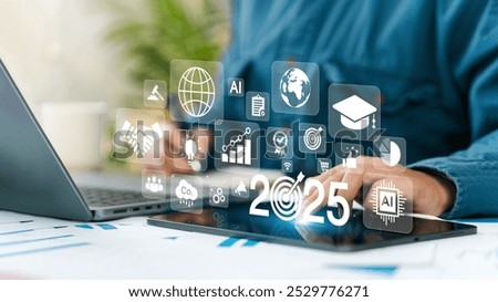 New Year 2025 Goal Action Plan. Businessman planning finance and strategy with target icons. Business plan, ai, future, teamwork. Concept of preparing for new year changes and start strategy idea.