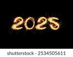 New Year 2025 light. Sparklers draw figures 2025. Bengal lights and letter. Holidays. Luxury Sparks