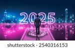 New Year 2025 Metaverse crypto currency technology concept, Professional business man with blockchain digital network on futuristic neon city at night background in Hong Kong