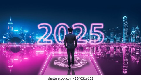 New Year 2025 Metaverse crypto currency technology concept, Professional business man with blockchain digital network on futuristic neon city at night background in Hong Kong