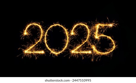 New Year 2025. Sparkling burning numbers Year 2025 isolated on black background. Beautiful Glowing golden overlay element for design holiday greeting card, billboard, flyer and Web banner - Powered by Shutterstock