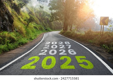 New year 2025 or straight road concept. Text 2025, 2026, 2027 written on the road in the middle of the asphalt road at sunset. Concept of planning, goals, challenges, new year resolutions.
