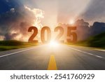 New Year 2025 or straightforward concept. 2025 Number was written in the middle of the asphalt road at sunset concept of planning, goals, challenge, new year resolution