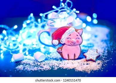 New Year background with biscuits in the form of a cute pig as a symbol of the new year 2019 with a cup and New Year's illuminations (greeting card, greetings, vintage, love - the concept)
