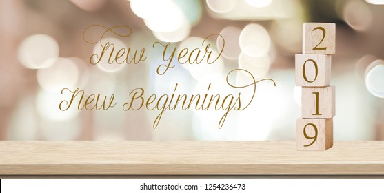 New Year New Beginnings, 2019 Positive Quotation On Blur Abstract Background, New Year Greeting Card Banner