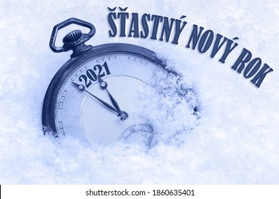 New year card 2021,Happy New Year 2021 greeting in Czech language, Stastny novy rok text, countdown to midnight - Shutterstock ID 1860635401