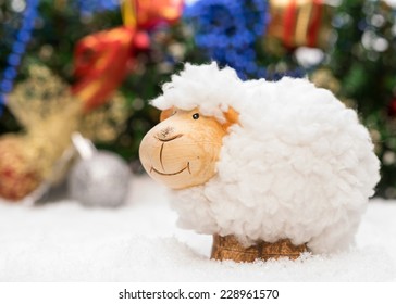 New Year Card With A Sheep A Symbol Of 2015 On Christmas Decoration