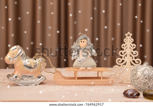 New Year Card Toys On Wooden Holidays Stock Image