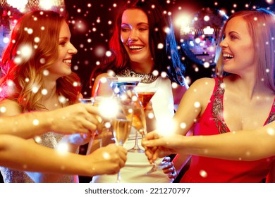 New Year, Celebration, Friends, Bachelorette Party, Birthday Concept - Three Women In Evening Dresses With Cocktails In Club Or Bar